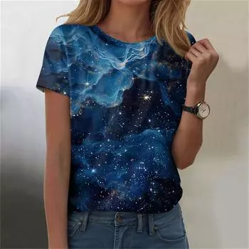 Женская мода Sky Print модная универсальная облегающая футболка с коротким рукавом L синий