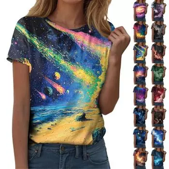 Женская мода Sky Print модная универсальная облегающая футболка с коротким рукавом XL