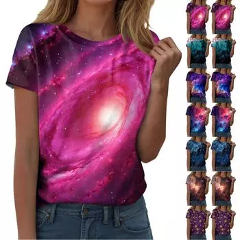 Женская мода Sky Print модная универсальная облегающая футболка с коротким рукавом M синий