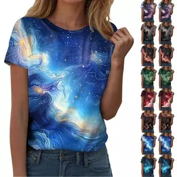 Женская мода Sky Print модная универсальная облегающая футболка с коротким рукавом XXXL фиолетовый