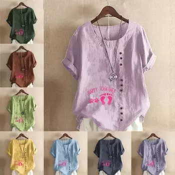 Женская мода Следы и собачьи лапы с принтом с круглым вырезом и коротким рукавом Футболка Повседневная хлопково-льняная рубашка с рисунком Свободная летняя блузка для отдыха Топы S розовый