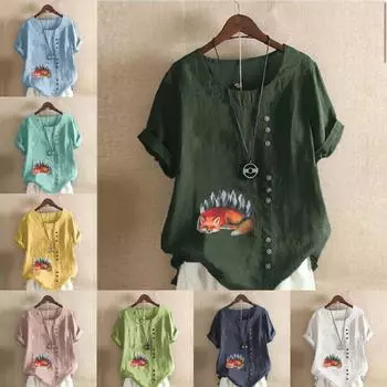 Женская мода Sleeping Fox Printed Round Neck Short Sleeve Футболка Повседневная Хлопковая Льняная Графическая Рубашка Свободная Летняя Блузка Топы S розовый