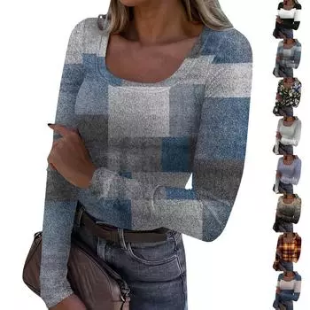 Женская мода Slim Bottom Casual Длинный рукав Printed Pullover U Neck Top L бежевый