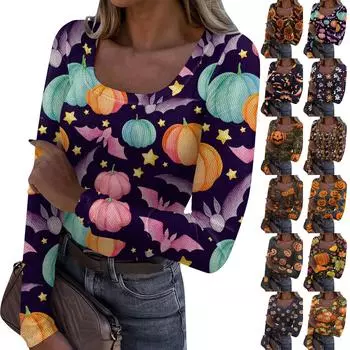 Женская мода Slim Bottom Casual Длинный рукав Printed Pullover U Neck Top L