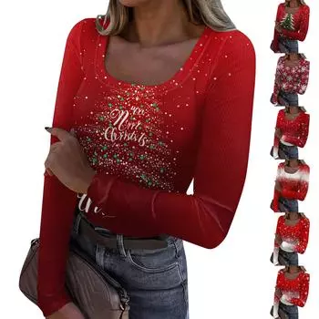 Женская мода Slim Bottom Casual с длинным рукавом и рождественским принтом пуловер с U-образным вырезом XXL киноварь