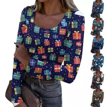 Женская мода Slim Bottom Casual с длинным рукавом и рождественским принтом пуловер с U-образным вырезом XL зелёный