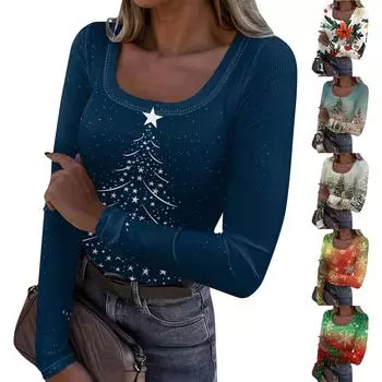 Женская мода Slim Bottom Casual с длинным рукавом и рождественским принтом пуловер с U-образным вырезом XL зелёный