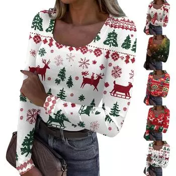 Женская мода Slim Bottom Casual с длинным рукавом и рождественским принтом пуловер с U-образным вырезом S