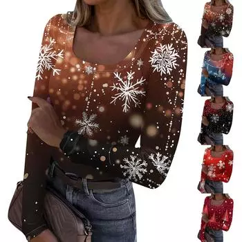 Женская мода Slim Bottom Casual с длинным рукавом и рождественским принтом пуловер с U-образным вырезом M чёрный