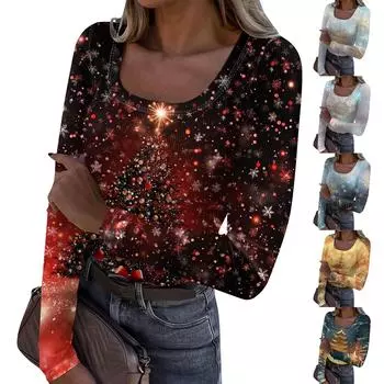 Женская мода Slim Bottom Casual с длинным рукавом и рождественским принтом пуловер с U-образным вырезом M синий