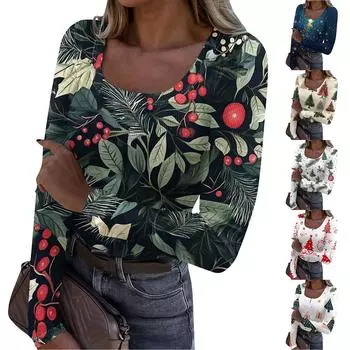 Женская мода Slim Bottom Casual с длинным рукавом и рождественским принтом пуловер с U-образным вырезом S синий