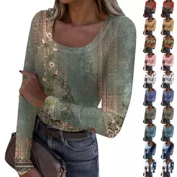 Женская мода Slim Bottom Casual с длинным рукавом Halloween Printed Pullover U Neck Top L шафрановый