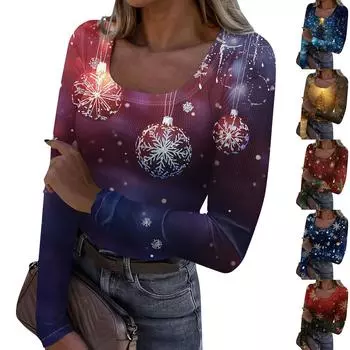 Женская мода Slim Bottom Casual с длинным рукавом и рождественским принтом пуловер с U-образным вырезом XXL винный