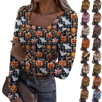 Женская мода Slim Bottom Casual с длинным рукавом Halloween Printed Pullover U Neck Top XL хаки