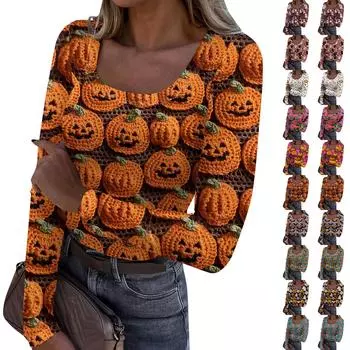 Женская мода Slim Bottom Casual с длинным рукавом Halloween Printed Pullover U Neck Top M