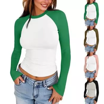 Женская мода Slim Fit с длинным рукавом Colorblock Top L зелёный