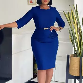 Женская мода Slim Temperament Элегантные платья на бедрах S павлин голубой