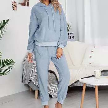 Женская мода случайные твердые карманы плюшевые с длинным рукавом длинные брюки домашний костюм L синий