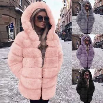 Женская мода Soild Luxury Faux Coat с капюшоном Осень Зима Теплое пальто XXL чёрный