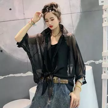 Женская мода Солнцезащитная одежда Летние тонкие блузки Свободные однотонные универсальные рубашки с рукавом 3/4 XXXXL зелёный