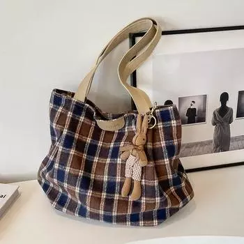 Женская мода Сотни студентов колледжа Большая вместительная сумка Женская сотня осенне-зимней сумки из твида через плечо