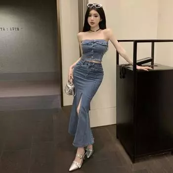 Женская мода Spice Girl Tub Top Split Юбка Комплект S