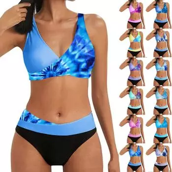 Женская мода сплит бикини с принтом тай-дай сексуальный с бюстгальтером без стального бюстгальтера купальник L синий