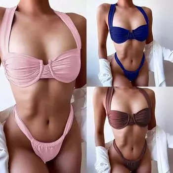 Женская мода сплит сплошного цвета стальное кольцо пляжное бикини (2 комплекта с накладками на грудь и стальным бюстгальтером) M розовый
