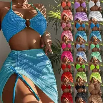 Женская мода сплит тонкий сплошной цвет висячие шеи три комплекта бикини пляжное платье комплект (3 комплекта с накладками на грудь без стального бюстгальтера) L розовый