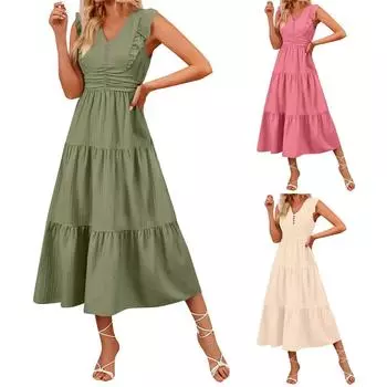 Женская мода сплошной цвет без рукавов повседневные тонкие длинные платья L бежевый