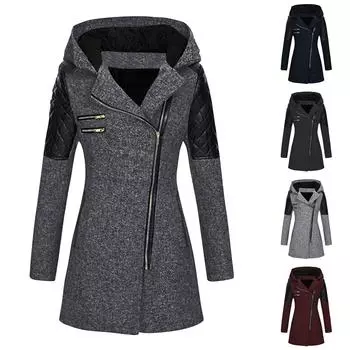 Женская мода сплошной цвет карман с длинным рукавом на молнии теплое пальто пальто XXXXXL чёрный