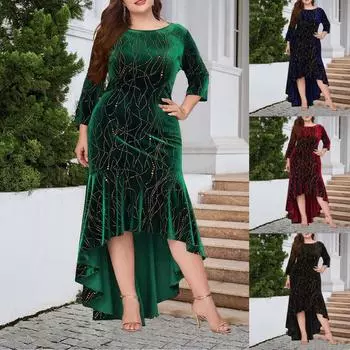 Женская мода сплошной цвет круглый вырез плюс размер рукав 3/4 макси длинное бархатное платье XXL чёрный