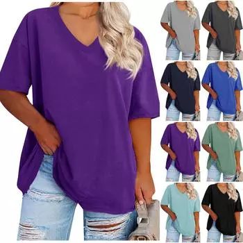 Женская мода сплошной цвет круглый вырез плюс размер повседневная футболка с коротким рукавом Топ XXL чёрный