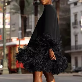 Женская мода сплошной цвет круглый вырез с длинным рукавом лоскутное повседневное платье L чёрный