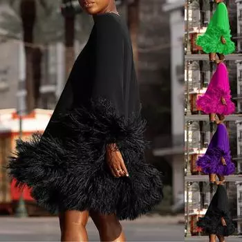 Женская мода сплошной цвет круглый вырез с длинным рукавом лоскутное повседневное платье L чёрный