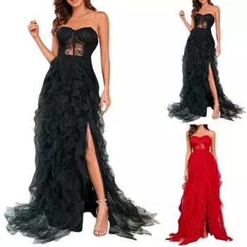 Женская мода сплошной цвет кружева сетки оболочки сексуальное вечернее платье L чёрный