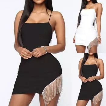 Женская мода сплошной цвет кулон подол подтяжки шеи сексуальное платье с открытой спиной S чёрный