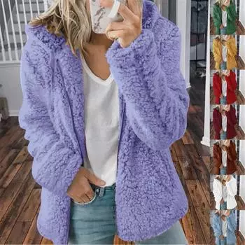 Женская мода сплошной цвет куртка с длинным рукавом на молнии с капюшоном плюшевое пальто L коричневый