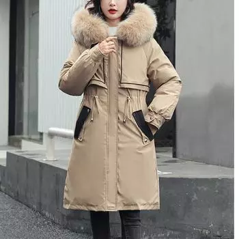 Женская мода сплошной цвет пальто с длинными рукавами длиной до колена плюшевая и толстая хлопковая куртка M хаки