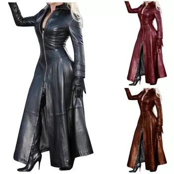 Женская мода сплошной цвет поло шеи с длинным рукавом темперамент молния искусственная кожа платье XXXXL чёрный