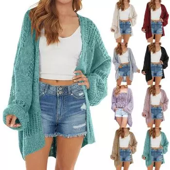 Женская мода сплошной цвет полый вязаный свитер повседневный расклешенный свободный кардиган с длинным рукавом XL зелёный