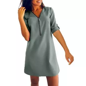 Женская мода сплошной цвет повседневное свободное платье с v-образным вырезом на молнии с длинным рукавом L зелёный