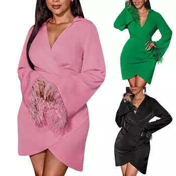 Женская мода сплошной цвет пуловер с длинным рукавом и v-образным вырезом сексуальное платье на бедрах L зелёный