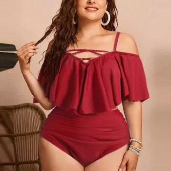 Женская мода сплошной цвет рюшами бикини купальник разделенный купальник XL красный