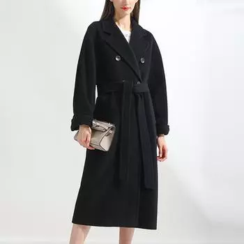 Женская мода сплошной цвет с длинным рукавом двубортное шерстяное пальто средней длины XXXL чёрный