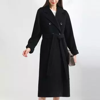Женская мода сплошной цвет с длинным рукавом двубортное шерстяное пальто средней длины M чёрный
