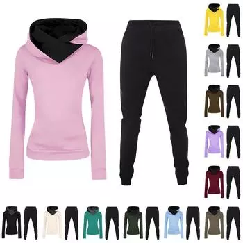 Женская мода сплошной цвет с длинными рукавами и длинными брюками спортивный комплект из двух предметов L армия зеленый