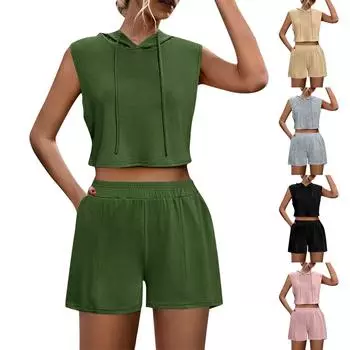 Женская мода сплошной цвет с капюшоном майка карманные шорты повседневный комплект L
