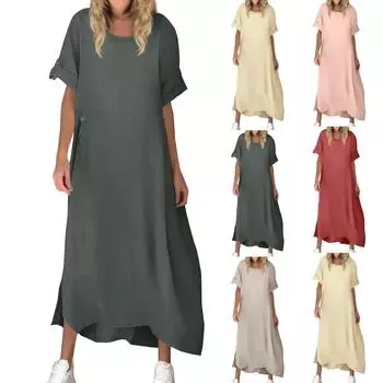 Женская мода сплошной цвет с коротким рукавом повседневные свободные длинные платья XXL хаки