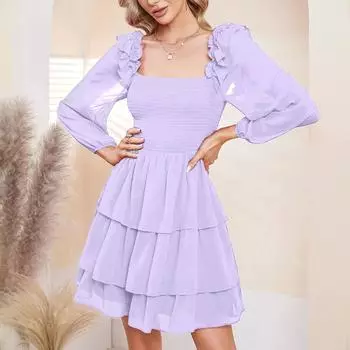 Женская мода сплошной цвет с квадратным вырезом Slim Fit с длинным рукавом торт платье L светло-фиолетовый
